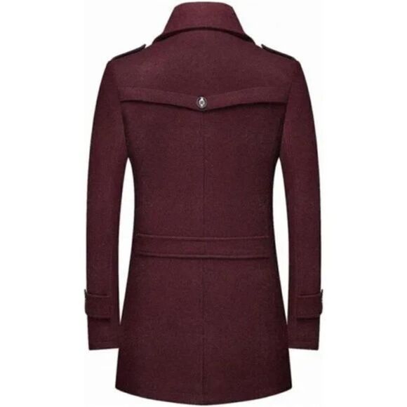 New Men's Wool Blend Pea Coat Warm Coat Wine Red - Picture 2 of 7